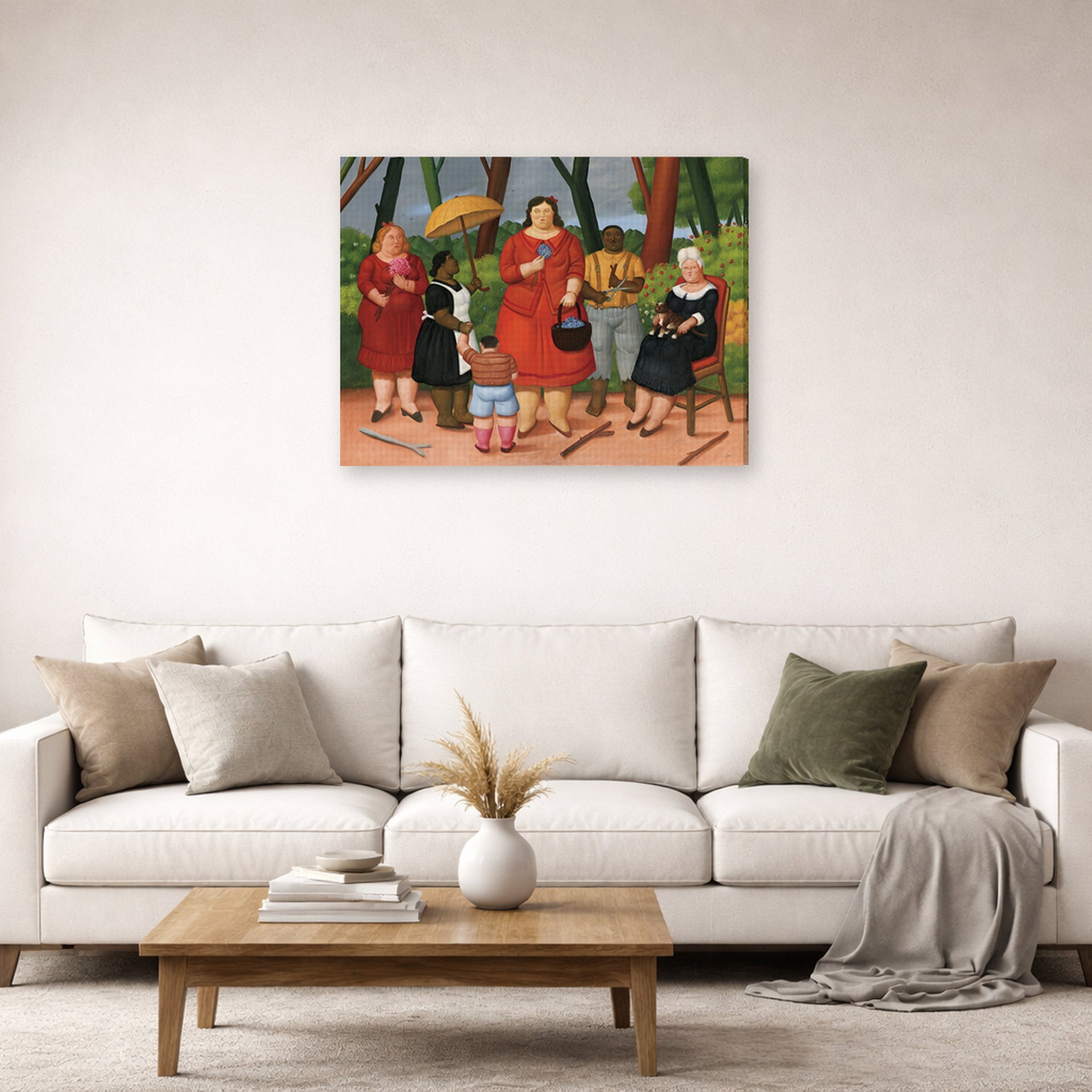 Gallery-wrapped canvas print of Fernando Botero's In the Garden displayed on a wall in a living room