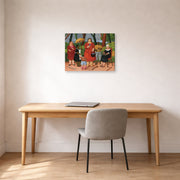 Gallery-wrapped canvas print of Fernando Botero's In the Garden displayed on a wall in a home office