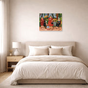 Unframed poster print of Fernando Botero's In the Garden displayed on a wall in a bedroom