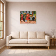 Unframed poster print of Fernando Botero's In the Garden displayed on a wall in a living room