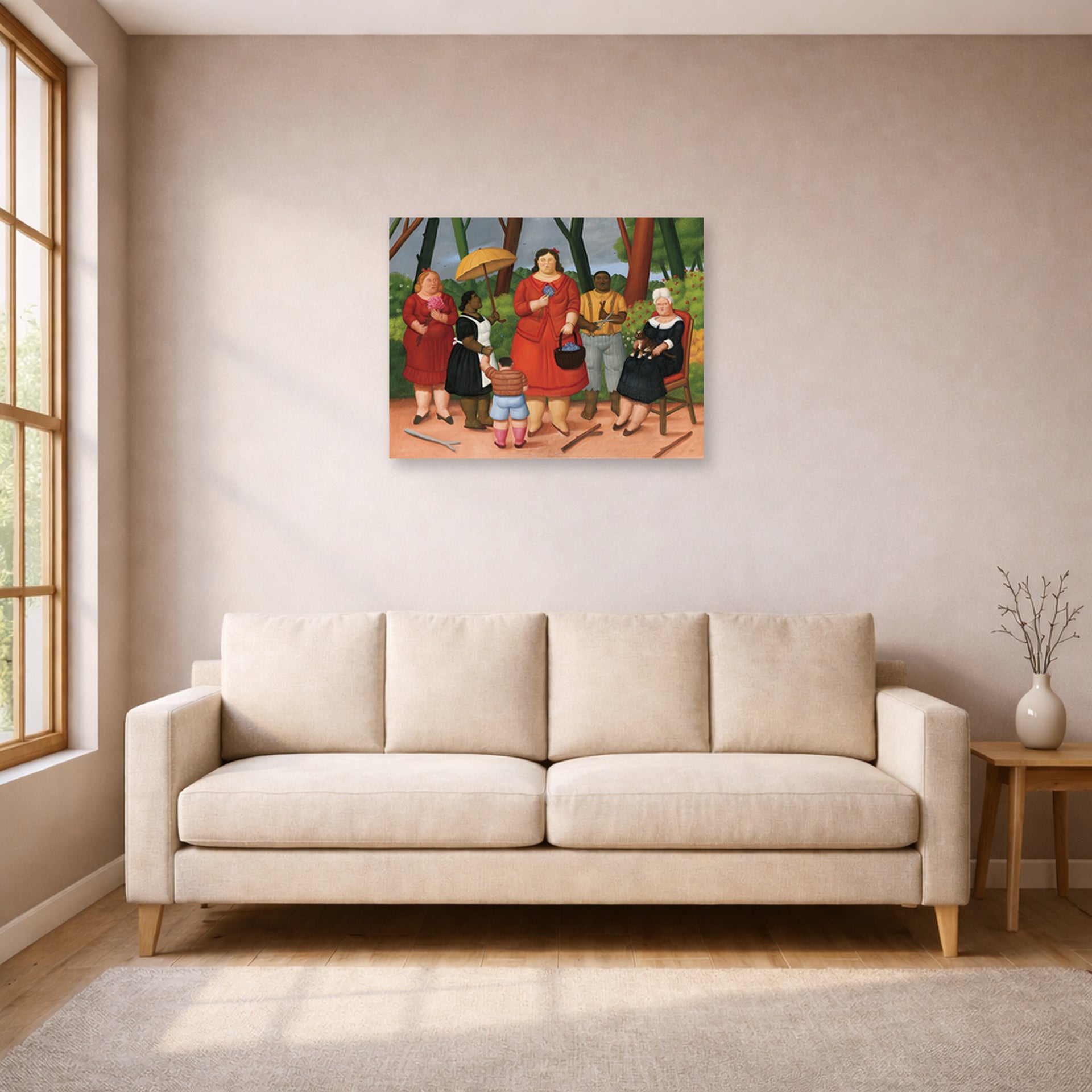 Unframed poster print of Fernando Botero's In the Garden displayed on a wall in a living room