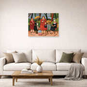 Unframed poster print of Fernando Botero's In the Garden displayed on a wall in a living room