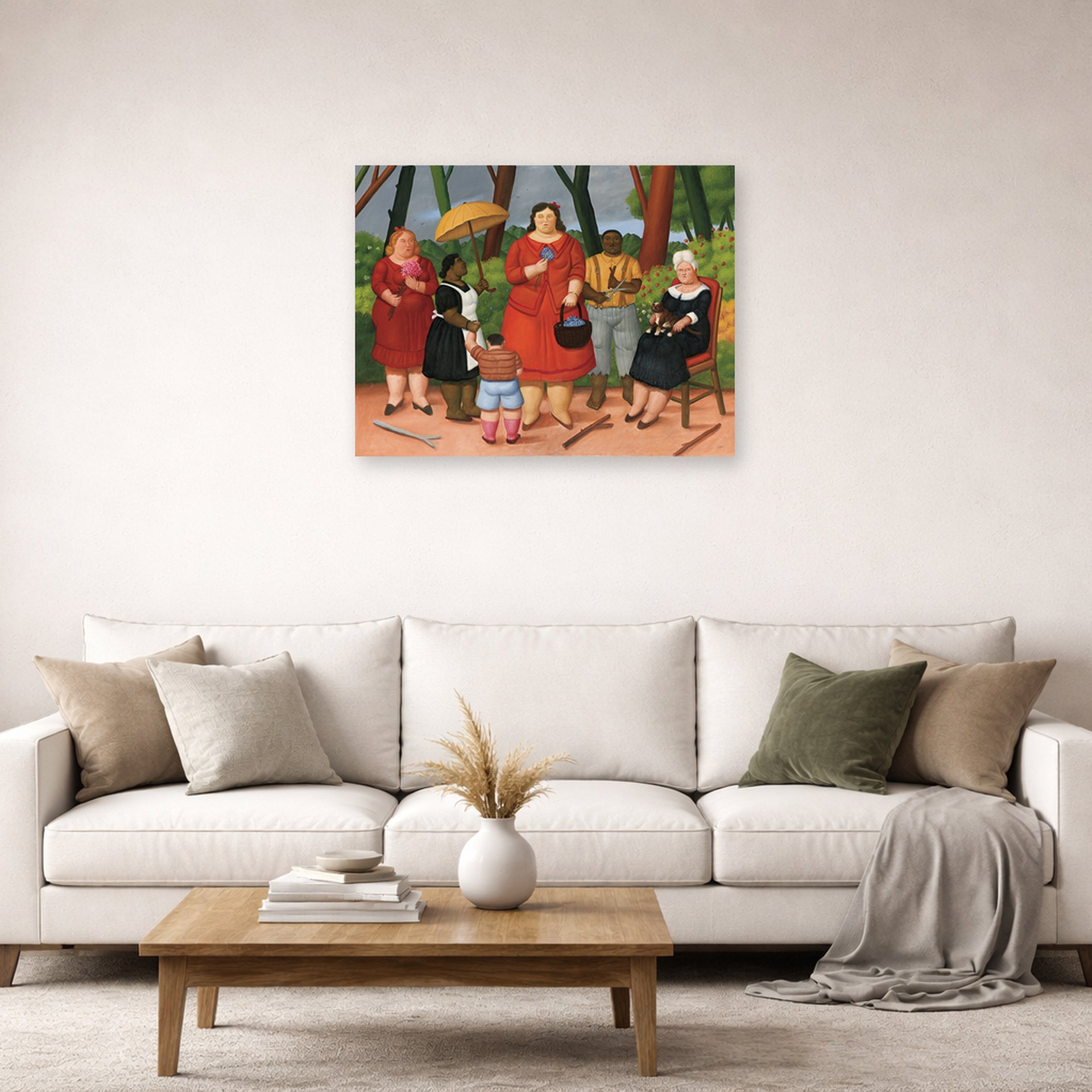 Unframed poster print of Fernando Botero's In the Garden displayed on a wall in a living room