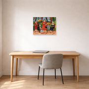 Unframed poster print of Fernando Botero's In the Garden displayed on a wall in a home office