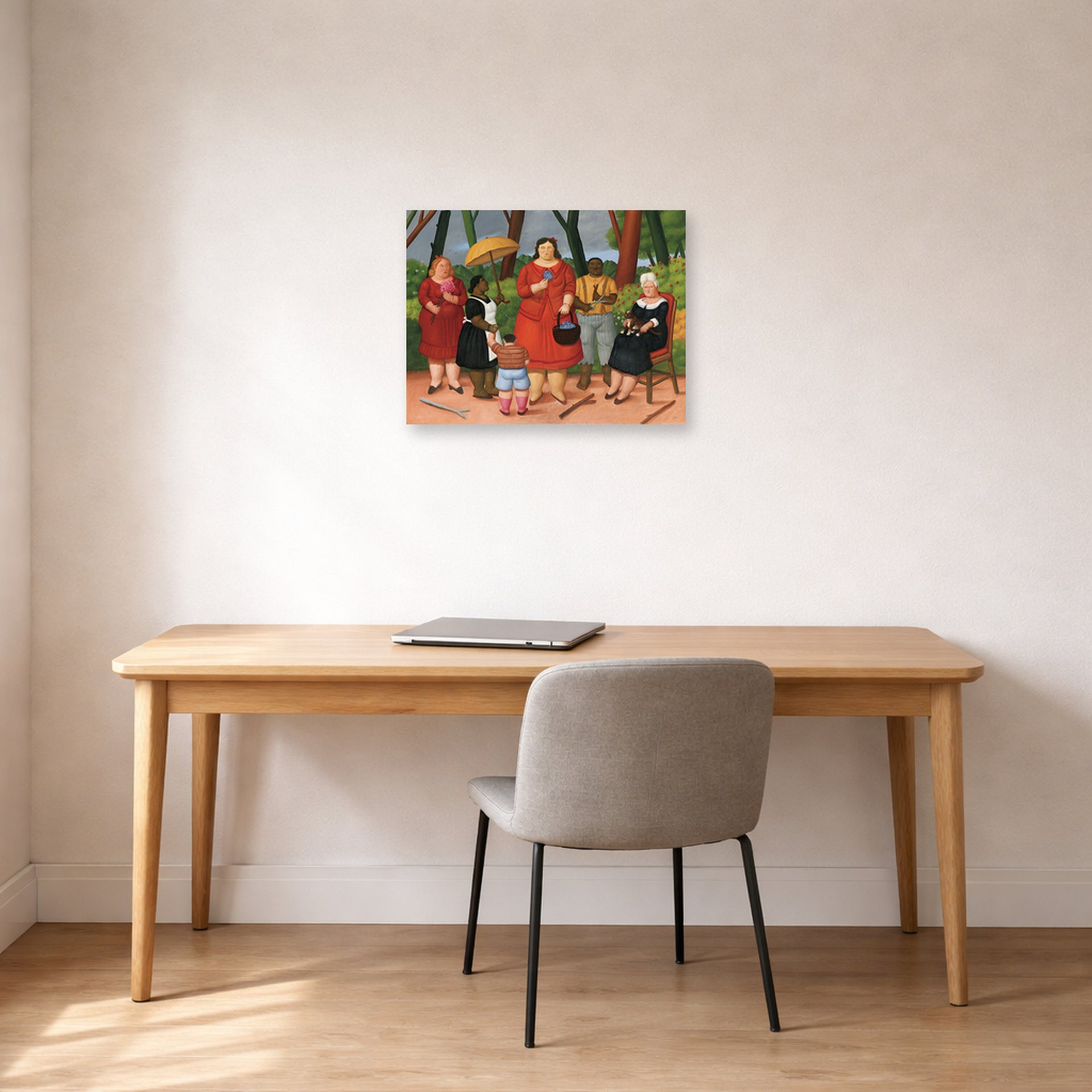 Unframed poster print of Fernando Botero's In the Garden displayed on a wall in a home office