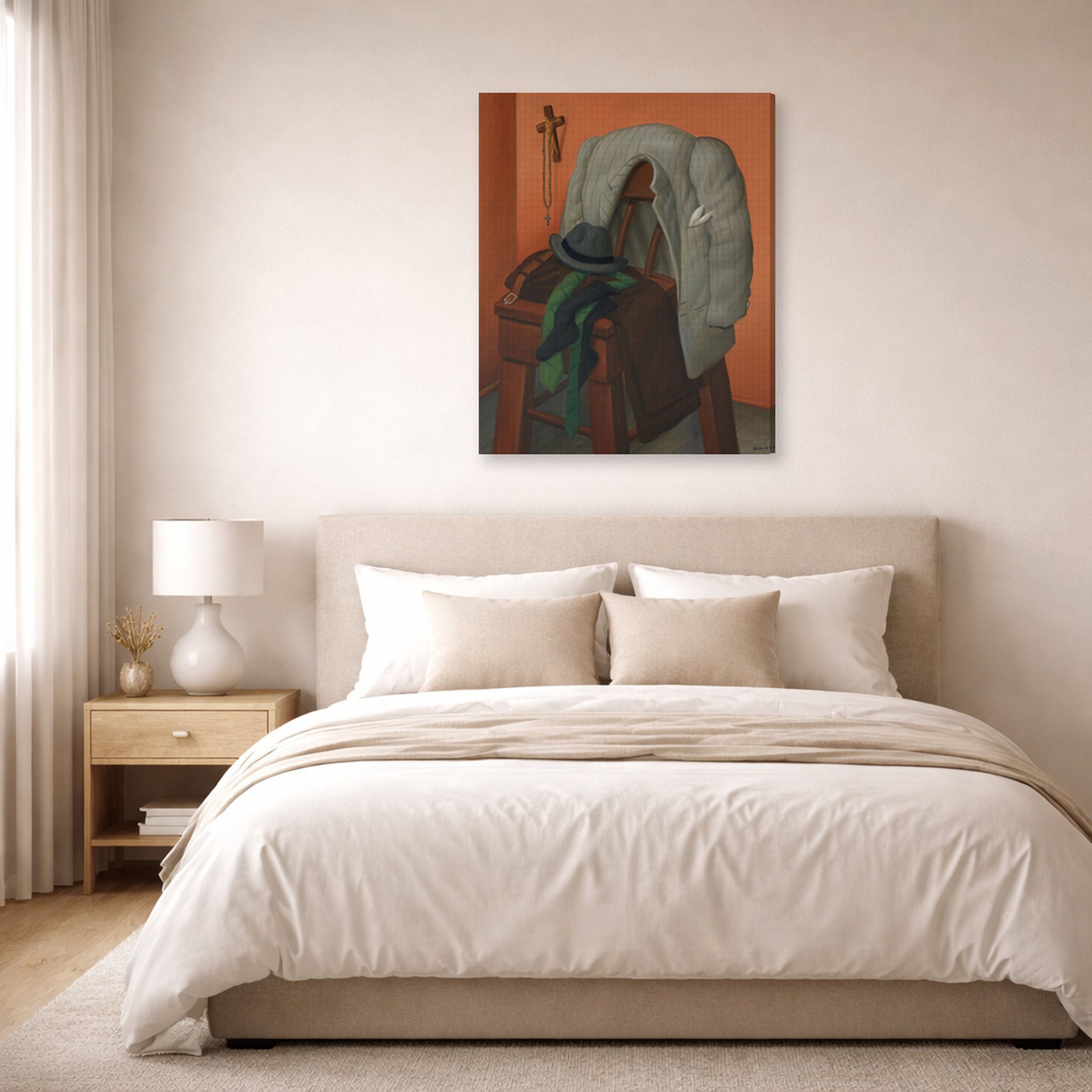 Gallery-wrapped canvas print of Fernando Botero's Interior displayed on a wall in a bedroom