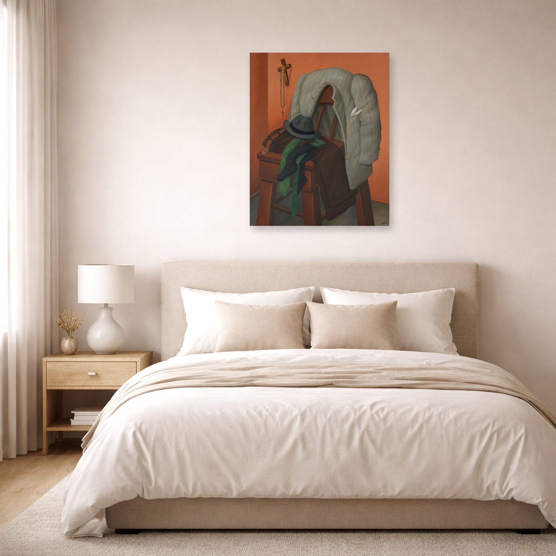 Unframed poster print of Fernando Botero's Interior displayed on a wall in a bedroom