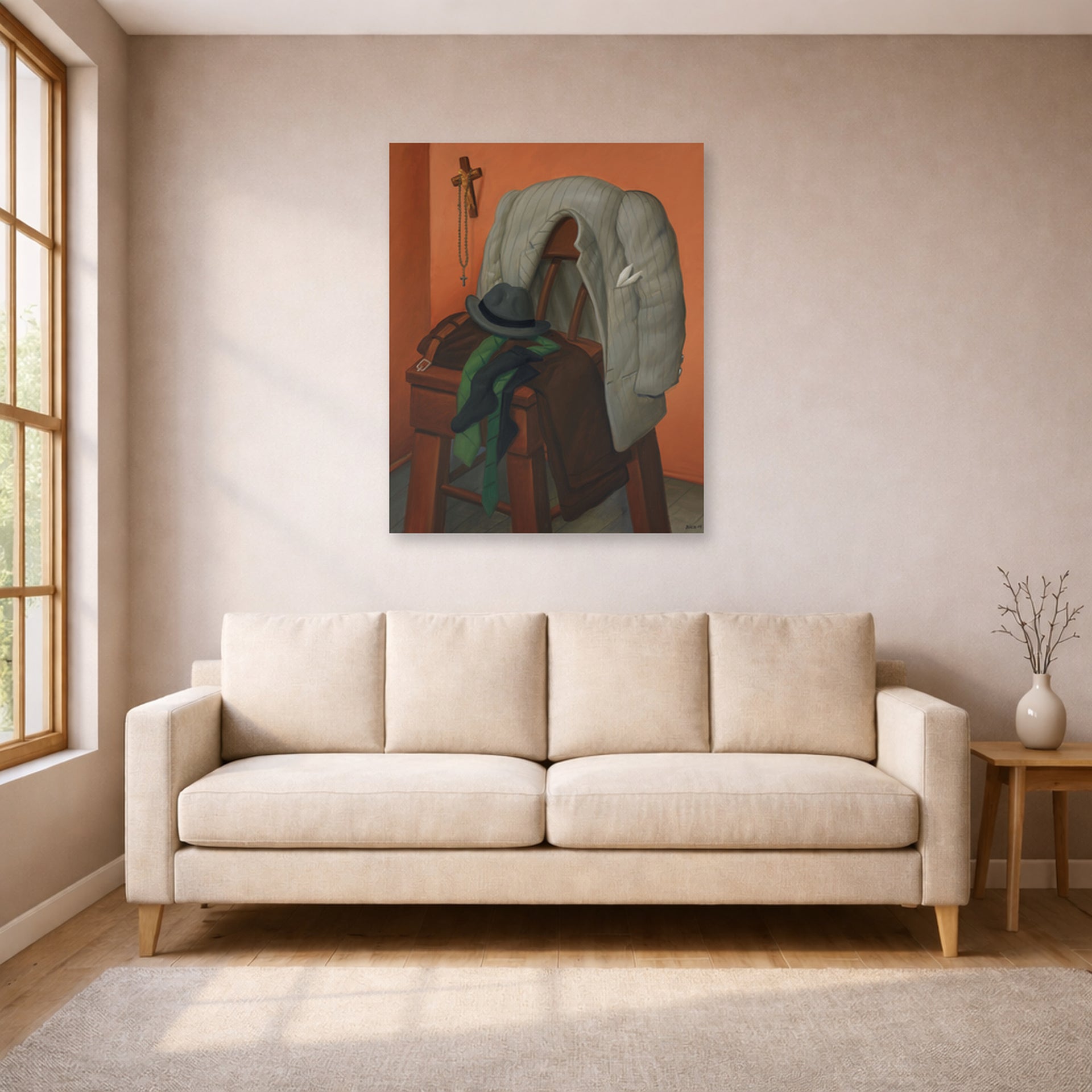Unframed poster print of Fernando Botero's Interior displayed on a wall in a living room