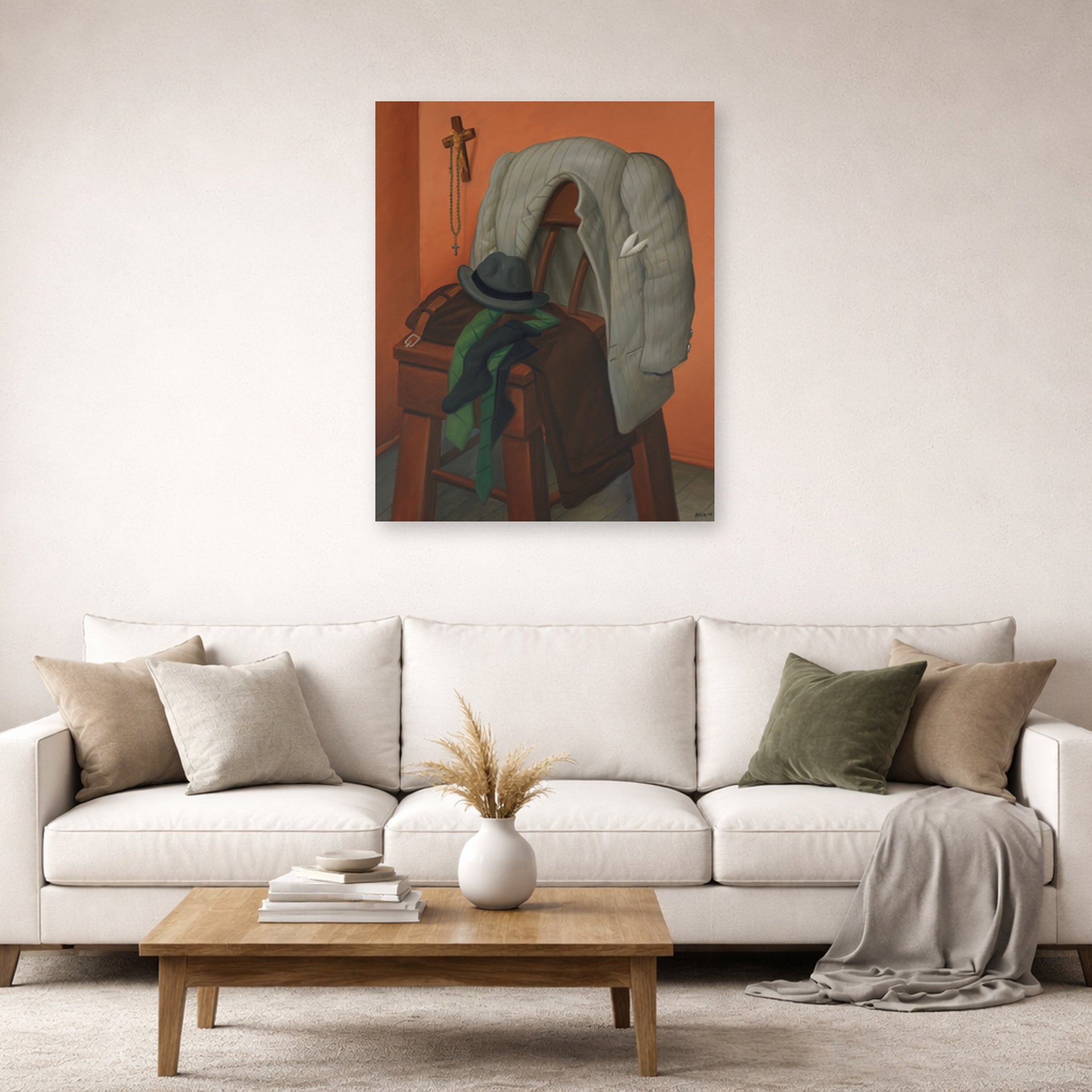 Unframed poster print of Fernando Botero's Interior displayed on a wall in a living room