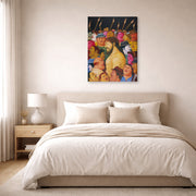 Gallery-wrapped canvas print of Fernando Botero's Jesús y la multitud displayed on a wall in a bedroom
