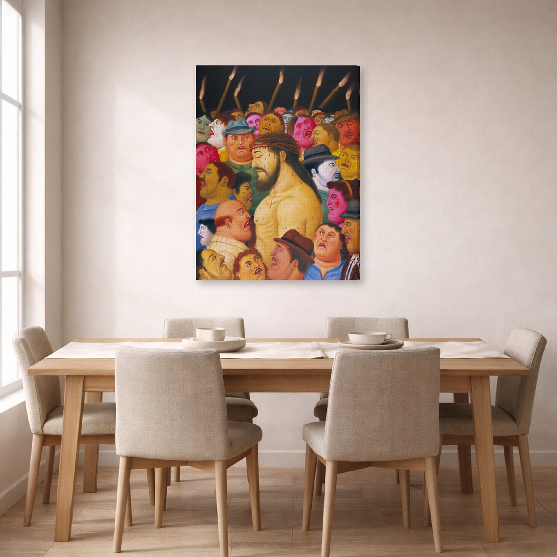 Gallery-wrapped canvas print of Fernando Botero's Jesús y la multitud displayed on a wall in a dining room