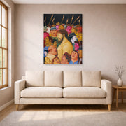 Gallery-wrapped canvas print of Fernando Botero's Jesús y la multitud displayed on a wall in a living room