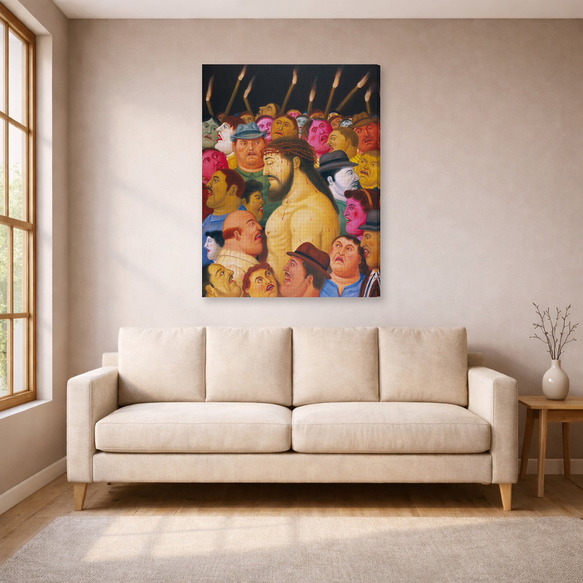 Gallery-wrapped canvas print of Fernando Botero's Jesús y la multitud displayed on a wall in a living room
