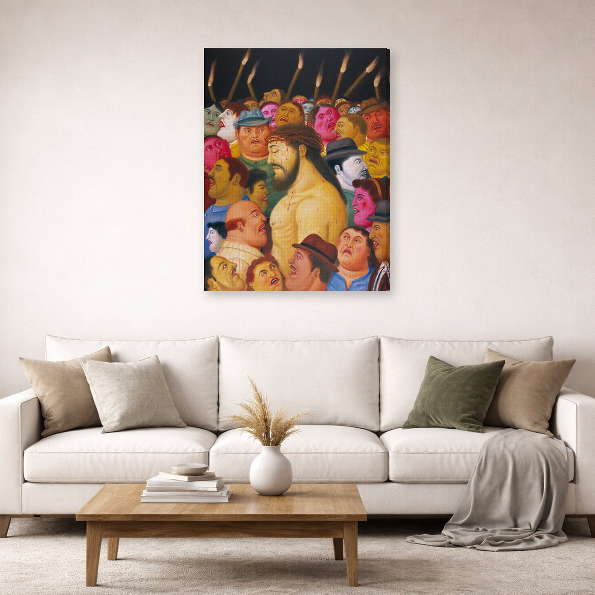 Gallery-wrapped canvas print of Fernando Botero's Jesús y la multitud displayed on a wall in a living room