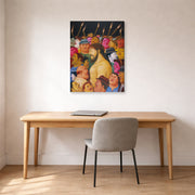 Gallery-wrapped canvas print of Fernando Botero's Jesús y la multitud displayed on a wall in a home office
