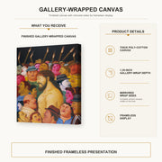 Fernando Botero - Jesús y la multitud gallery wrap canvas construction and hanging details infographic