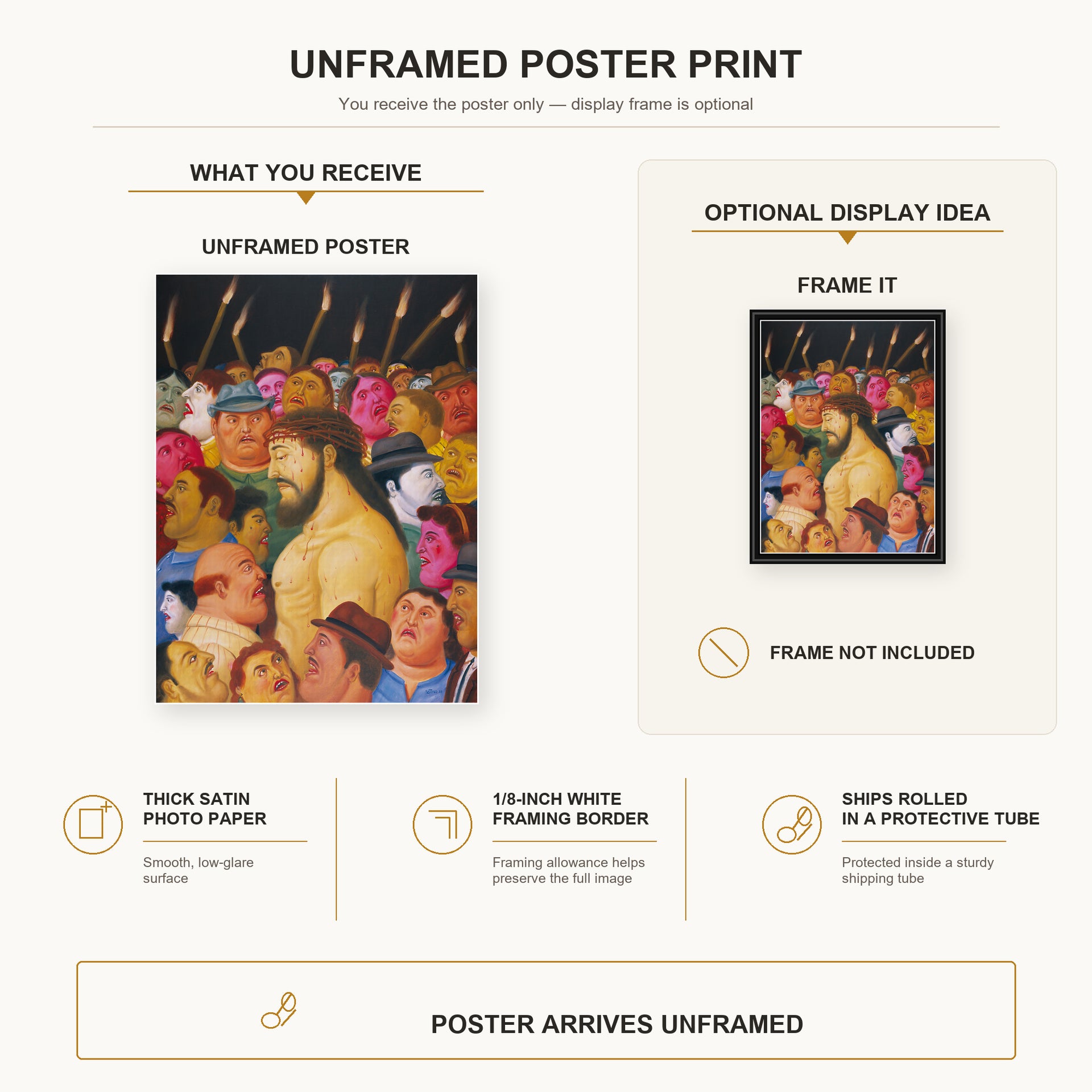 Fernando Botero - Jesús y la multitud poster print size comparison and framing display infographic