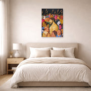 Unframed poster print of Fernando Botero's Jesús y la multitud displayed on a wall in a bedroom