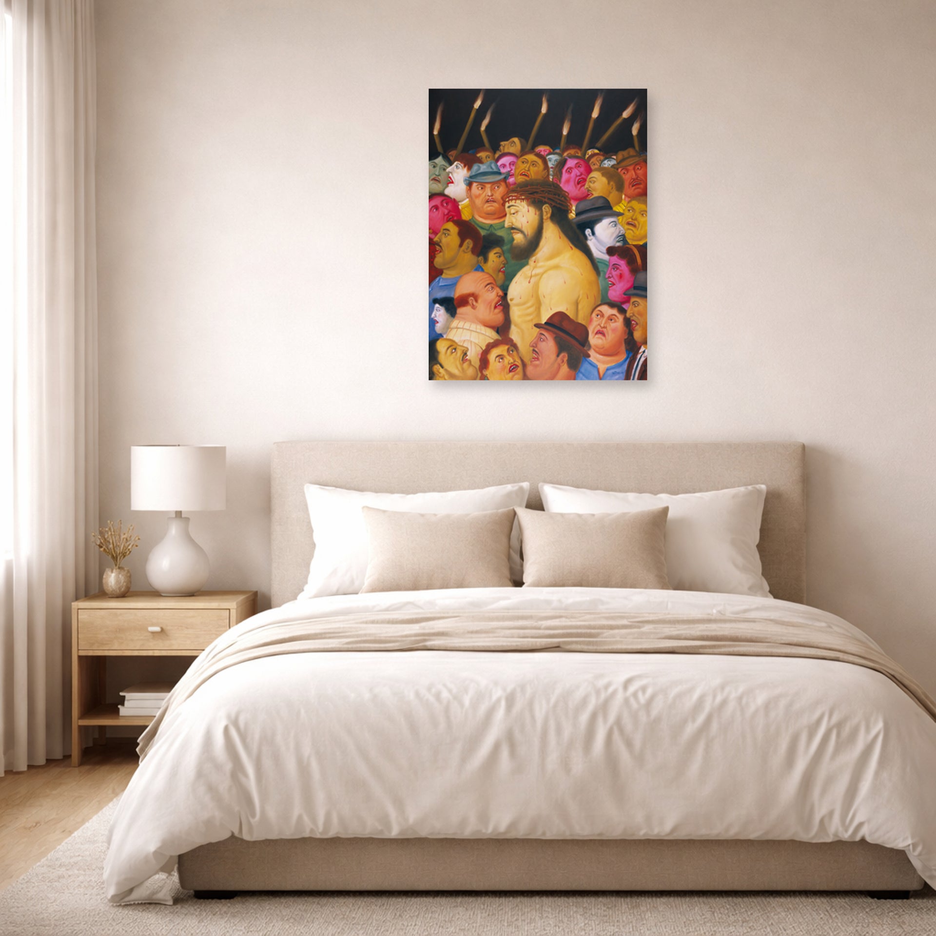 Unframed poster print of Fernando Botero's Jesús y la multitud displayed on a wall in a bedroom