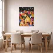 Unframed poster print of Fernando Botero's Jesús y la multitud displayed on a wall in a dining room