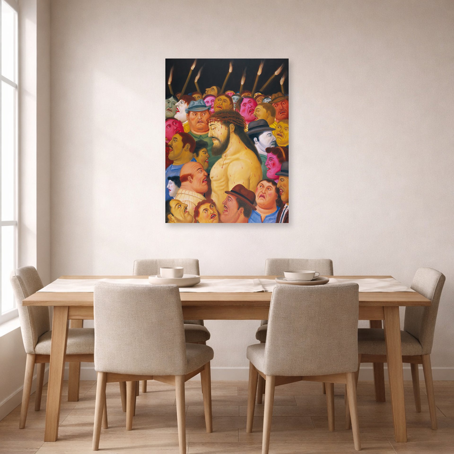 Unframed poster print of Fernando Botero's Jesús y la multitud displayed on a wall in a dining room