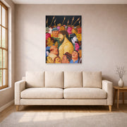 Unframed poster print of Fernando Botero's Jesús y la multitud displayed on a wall in a living room