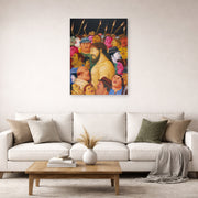 Unframed poster print of Fernando Botero's Jesús y la multitud displayed on a wall in a living room