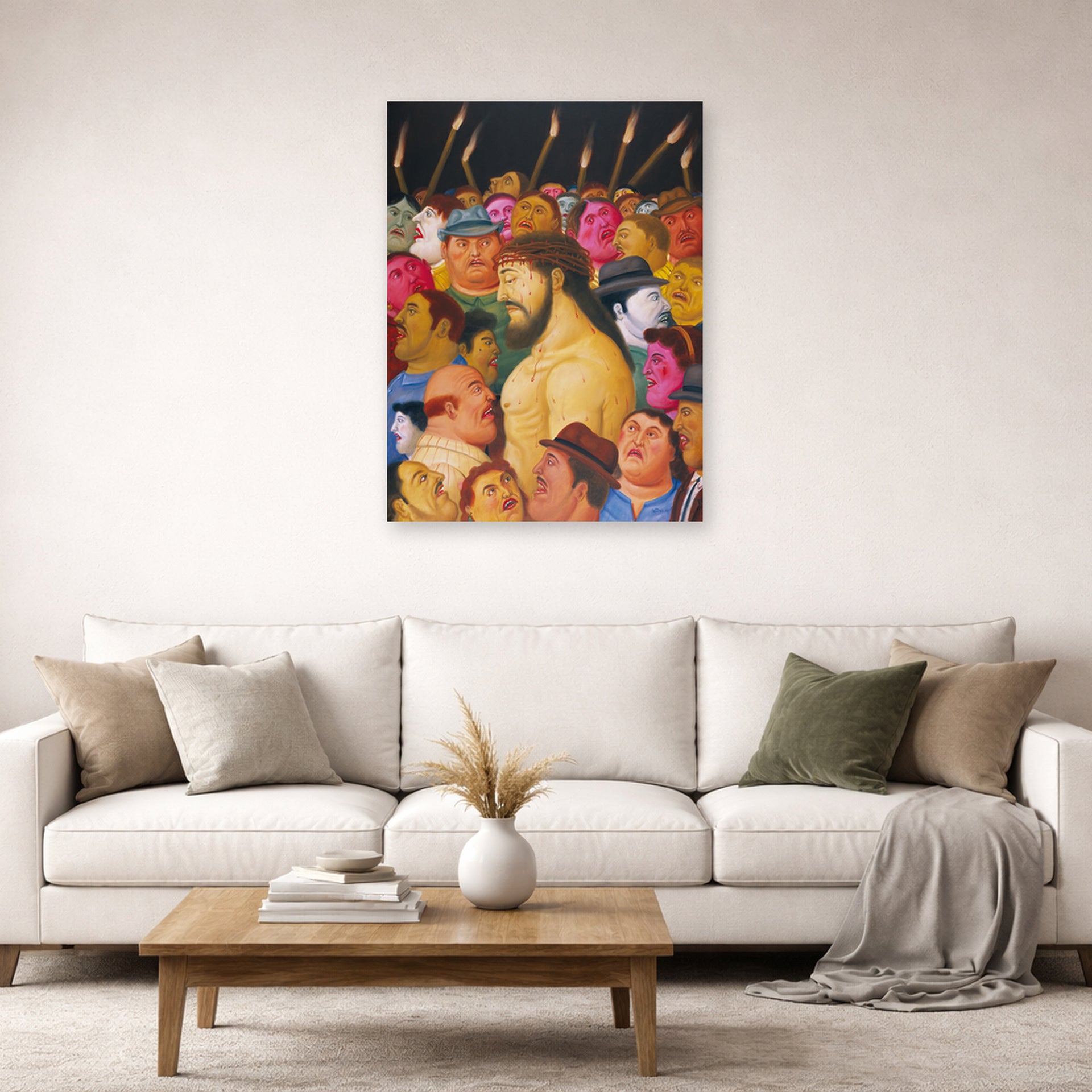 Unframed poster print of Fernando Botero's Jesús y la multitud displayed on a wall in a living room