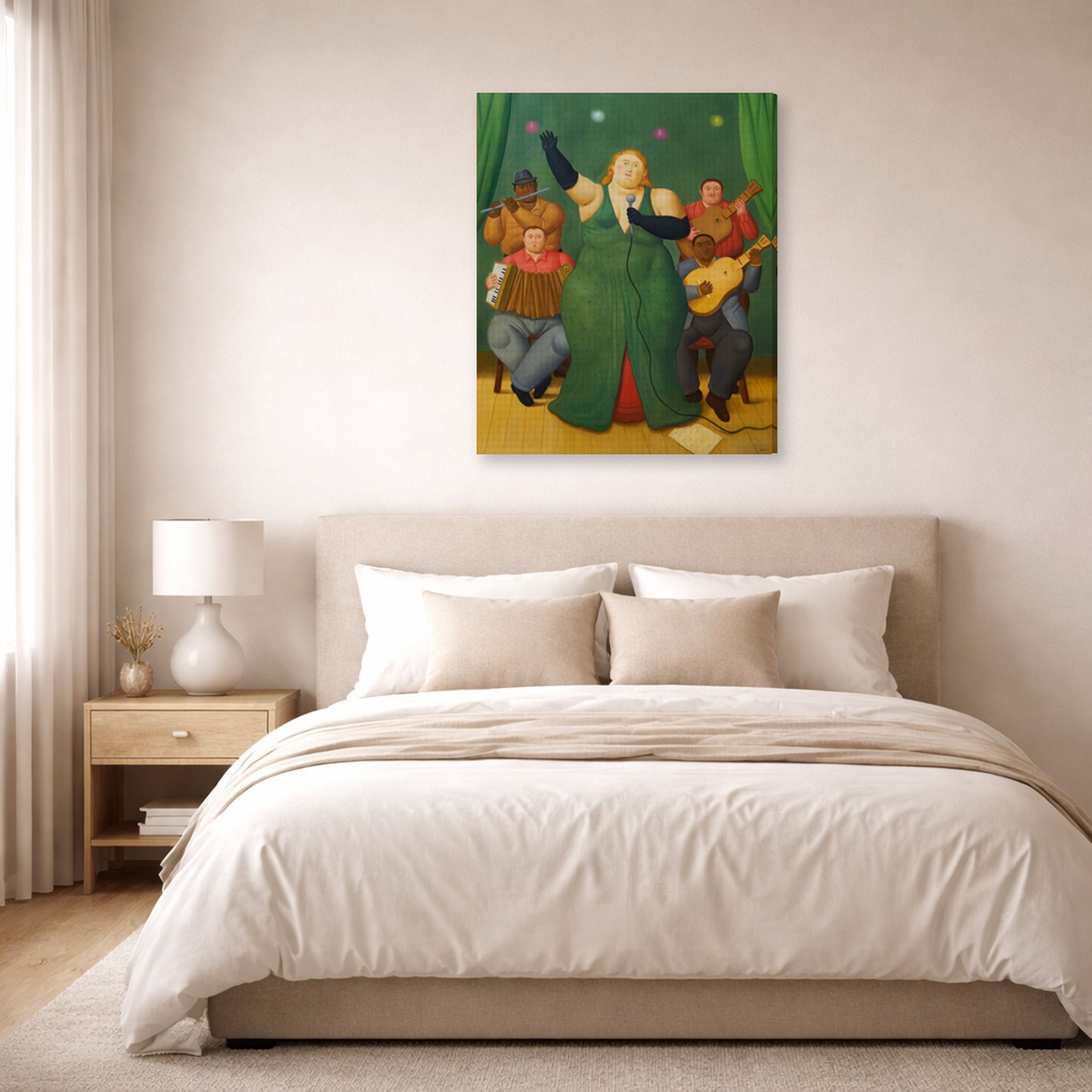 Gallery-wrapped canvas print of Fernando Botero's La Cantante displayed on a wall in a bedroom