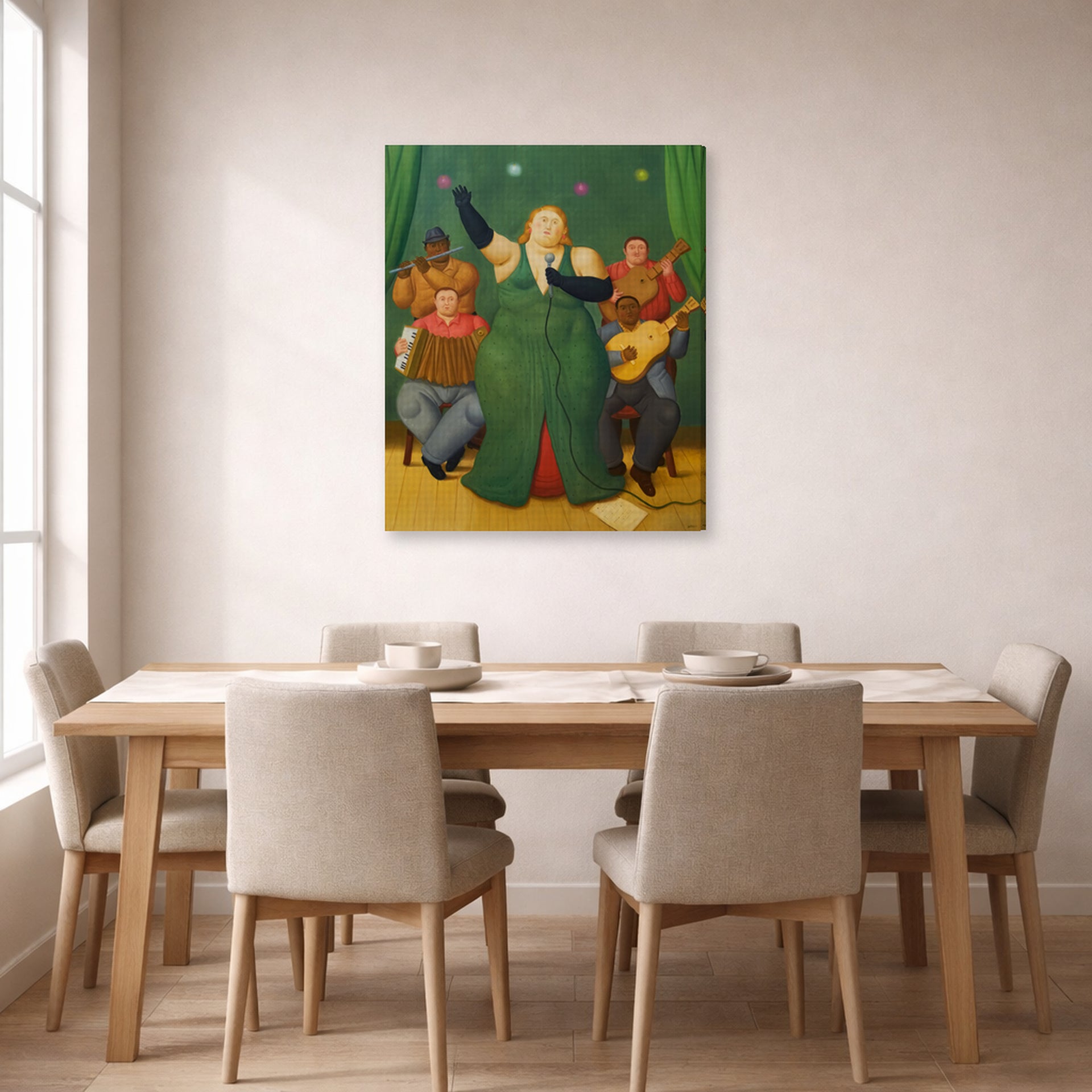Gallery-wrapped canvas print of Fernando Botero's La Cantante displayed on a wall in a dining room