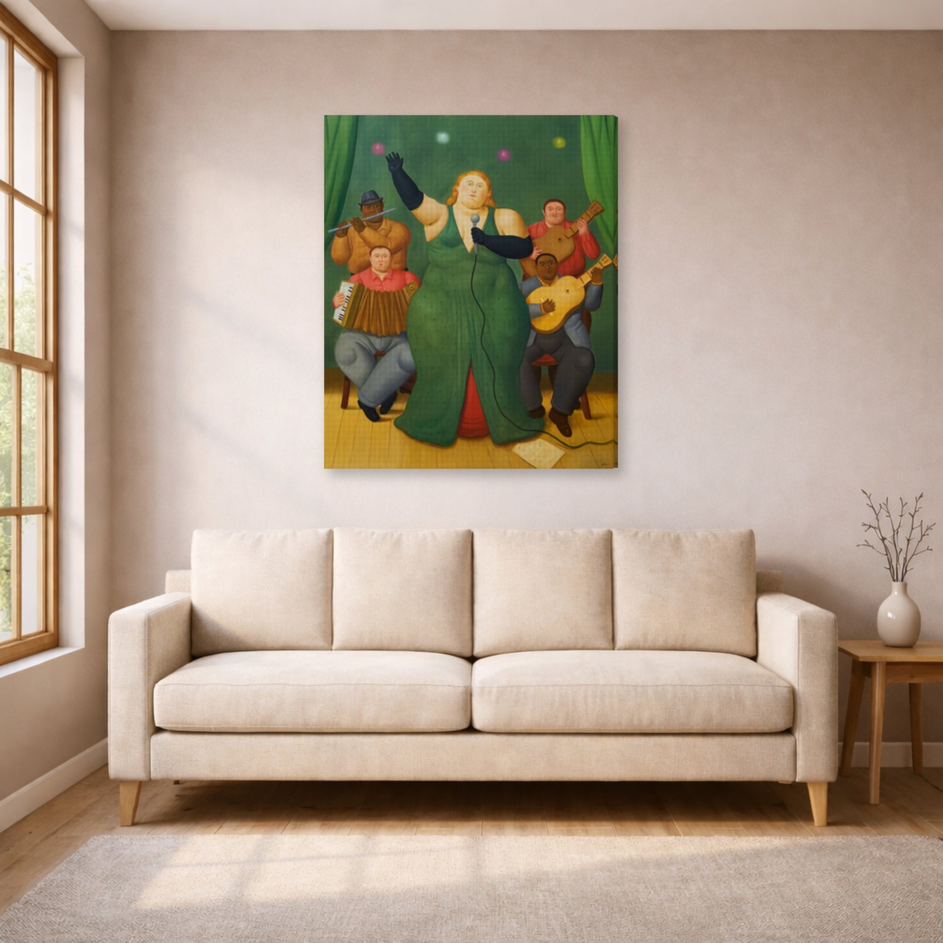 Gallery-wrapped canvas print of Fernando Botero's La Cantante displayed on a wall in a living room