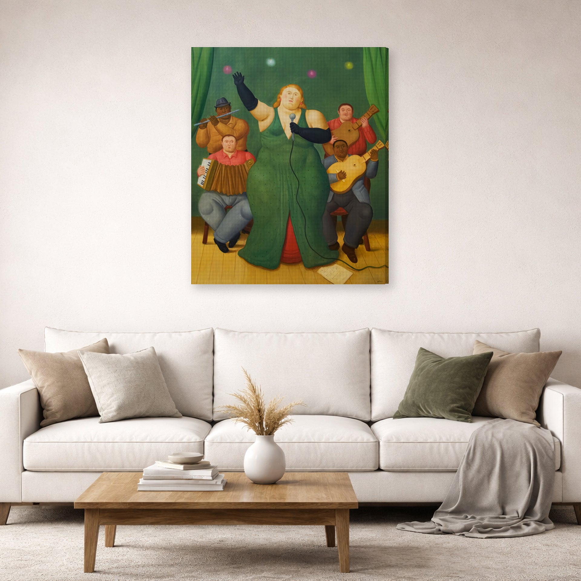 Gallery-wrapped canvas print of Fernando Botero's La Cantante displayed on a wall in a living room
