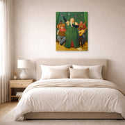 Unframed poster print of Fernando Botero's La Cantante displayed on a wall in a bedroom
