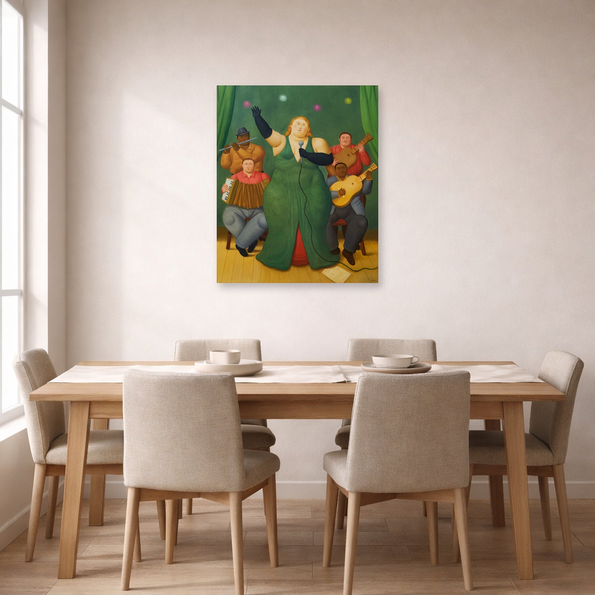 Unframed poster print of Fernando Botero's La Cantante displayed on a wall in a dining room