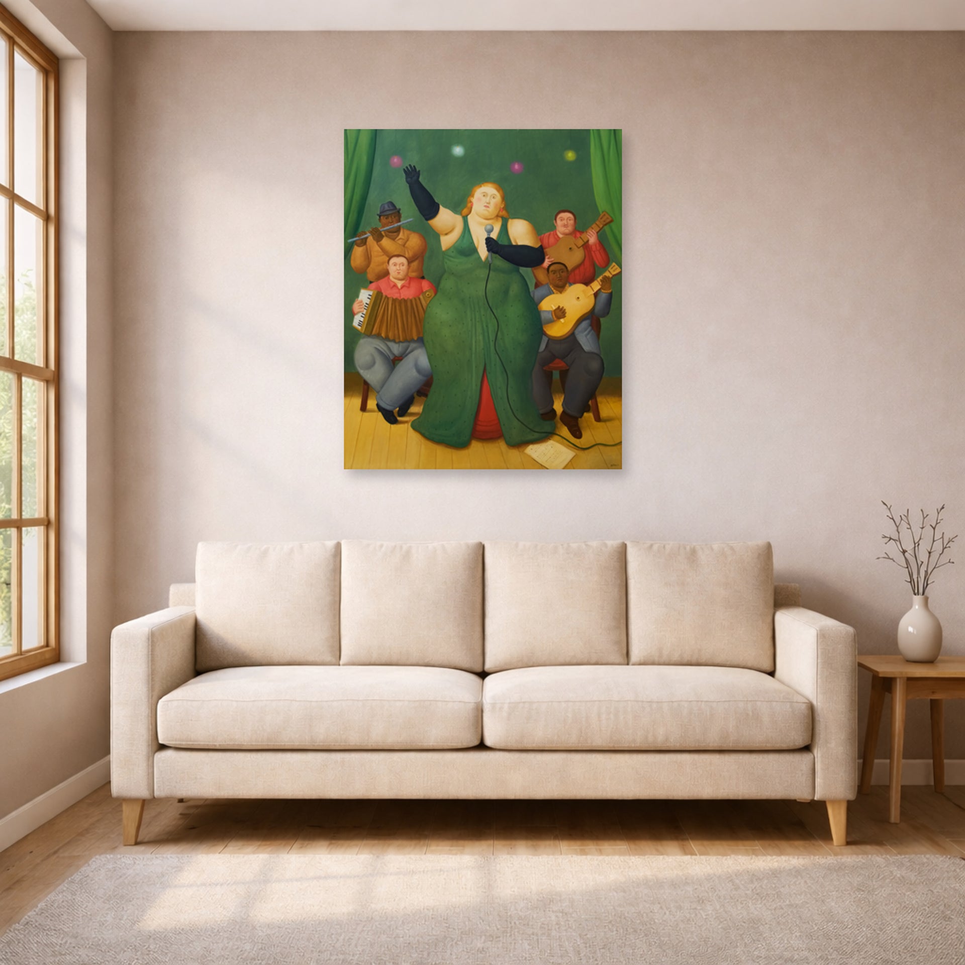 Unframed poster print of Fernando Botero's La Cantante displayed on a wall in a living room