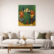 Unframed poster print of Fernando Botero's La Cantante displayed on a wall in a living room