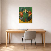Unframed poster print of Fernando Botero's La Cantante displayed on a wall in a home office