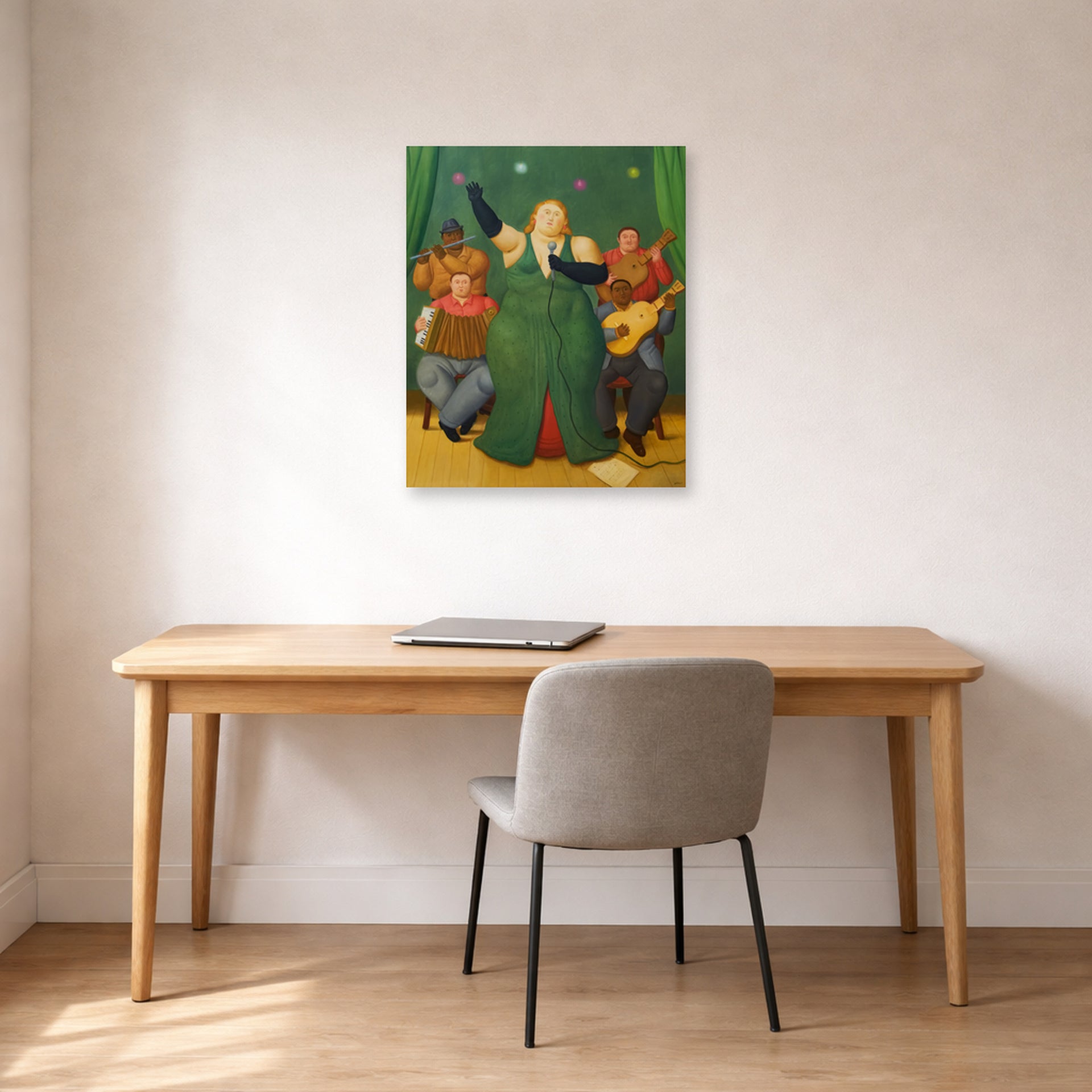 Unframed poster print of Fernando Botero's La Cantante displayed on a wall in a home office