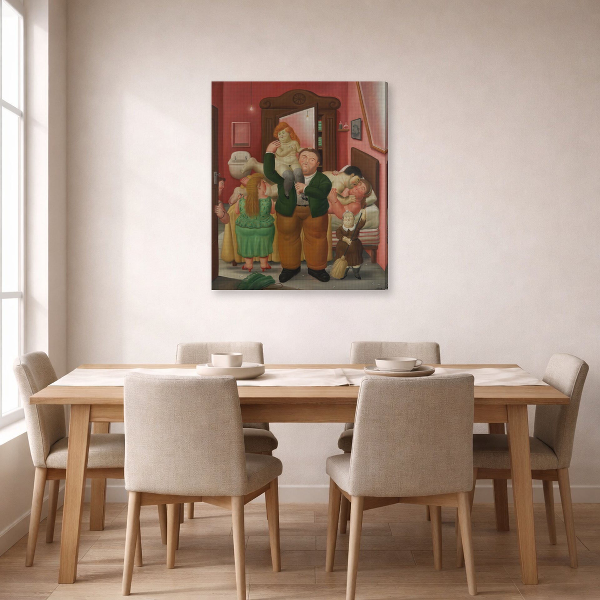 Gallery-wrapped canvas print of Fernando Botero's La Casa De Amanda Ramírez displayed on a wall in a dining room