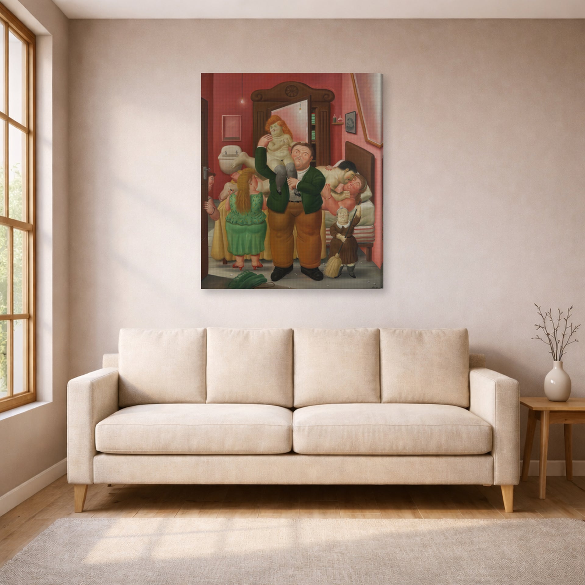 Gallery-wrapped canvas print of Fernando Botero's La Casa De Amanda Ramírez displayed on a wall in a living room