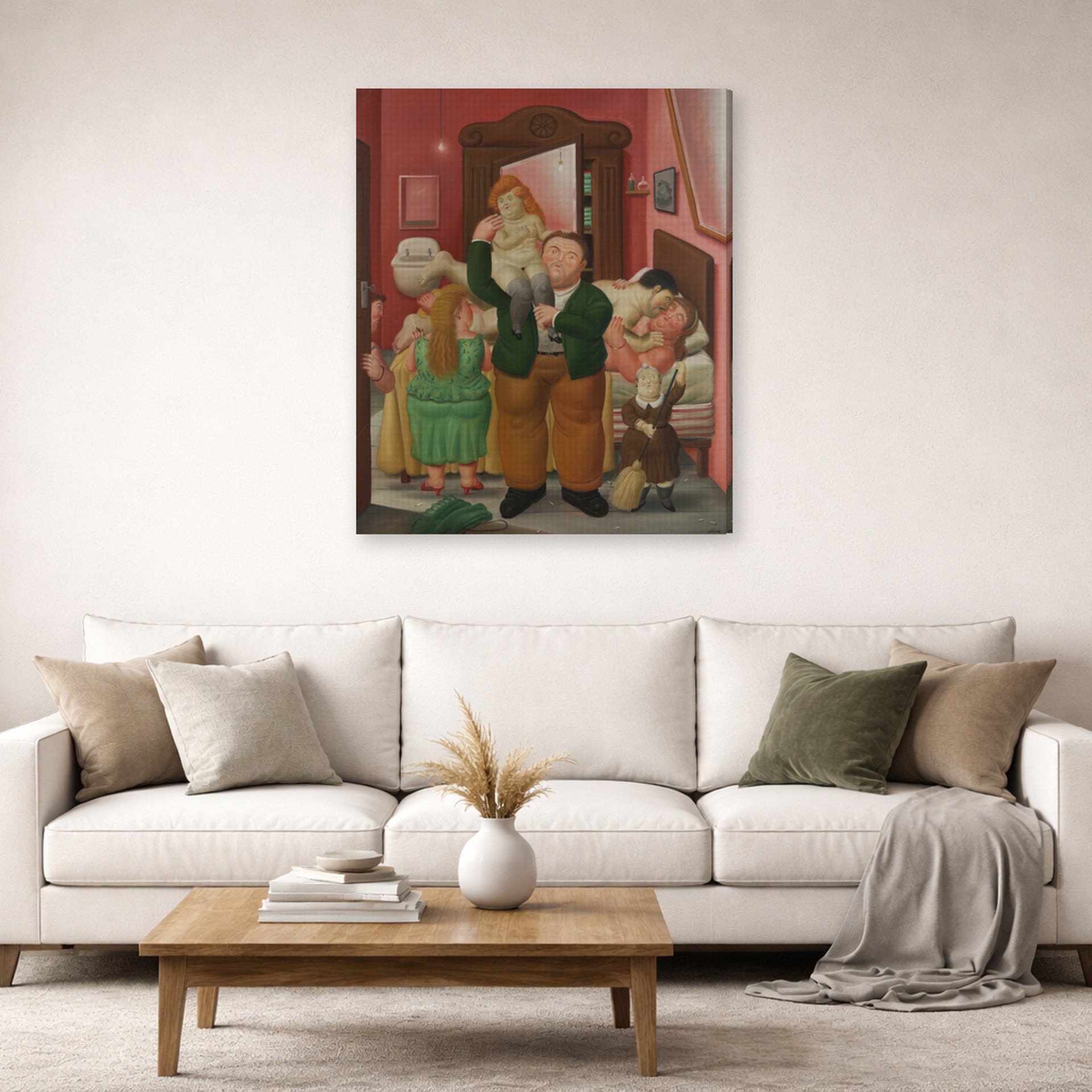 Gallery-wrapped canvas print of Fernando Botero's La Casa De Amanda Ramírez displayed on a wall in a living room