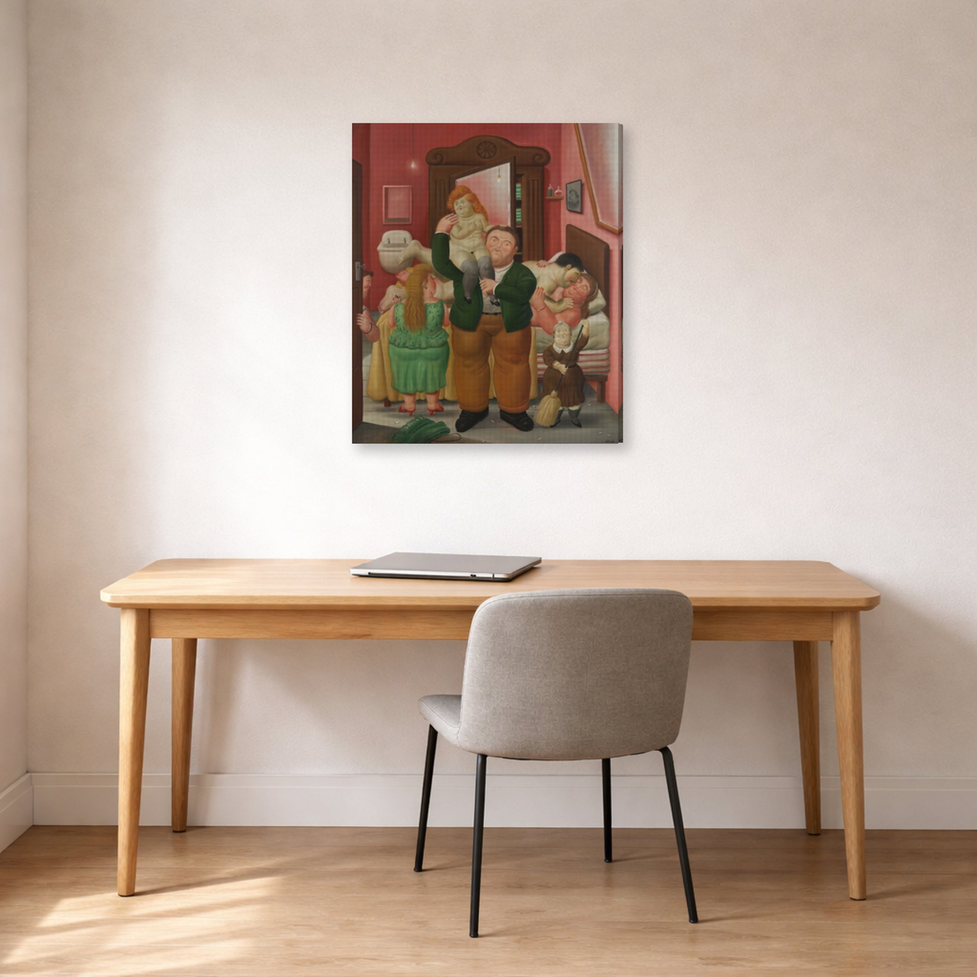 Gallery-wrapped canvas print of Fernando Botero's La Casa De Amanda Ramírez displayed on a wall in a home office
