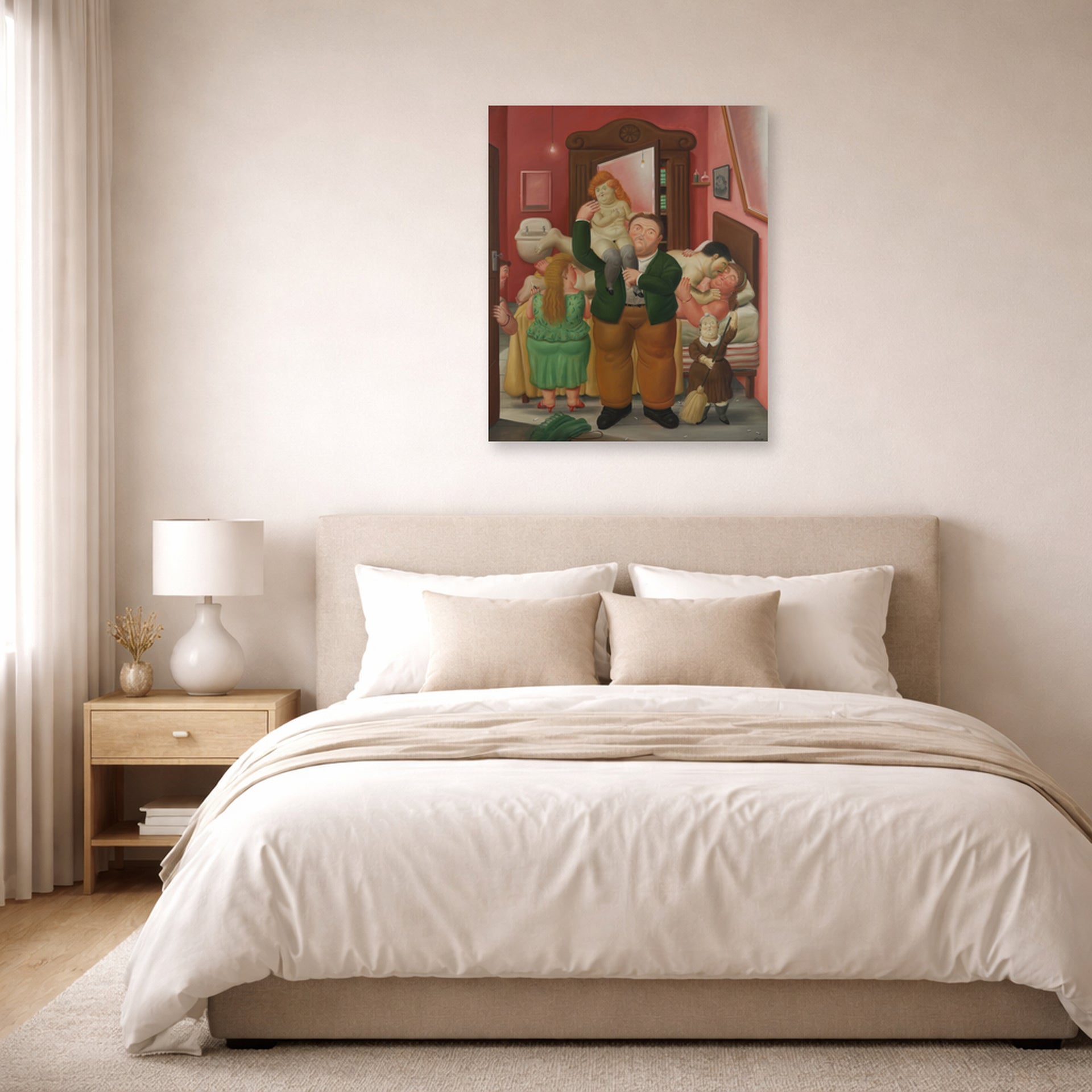 Unframed poster print of Fernando Botero's La Casa De Amanda Ramírez displayed on a wall in a bedroom