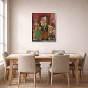 Unframed poster print of Fernando Botero's La Casa De Amanda Ramírez displayed on a wall in a dining room
