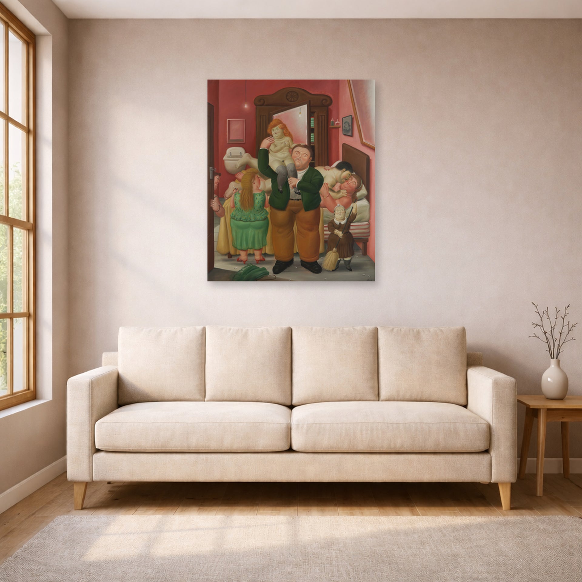 Unframed poster print of Fernando Botero's La Casa De Amanda Ramírez displayed on a wall in a living room