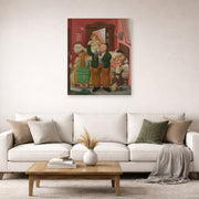 Unframed poster print of Fernando Botero's La Casa De Amanda Ramírez displayed on a wall in a living room