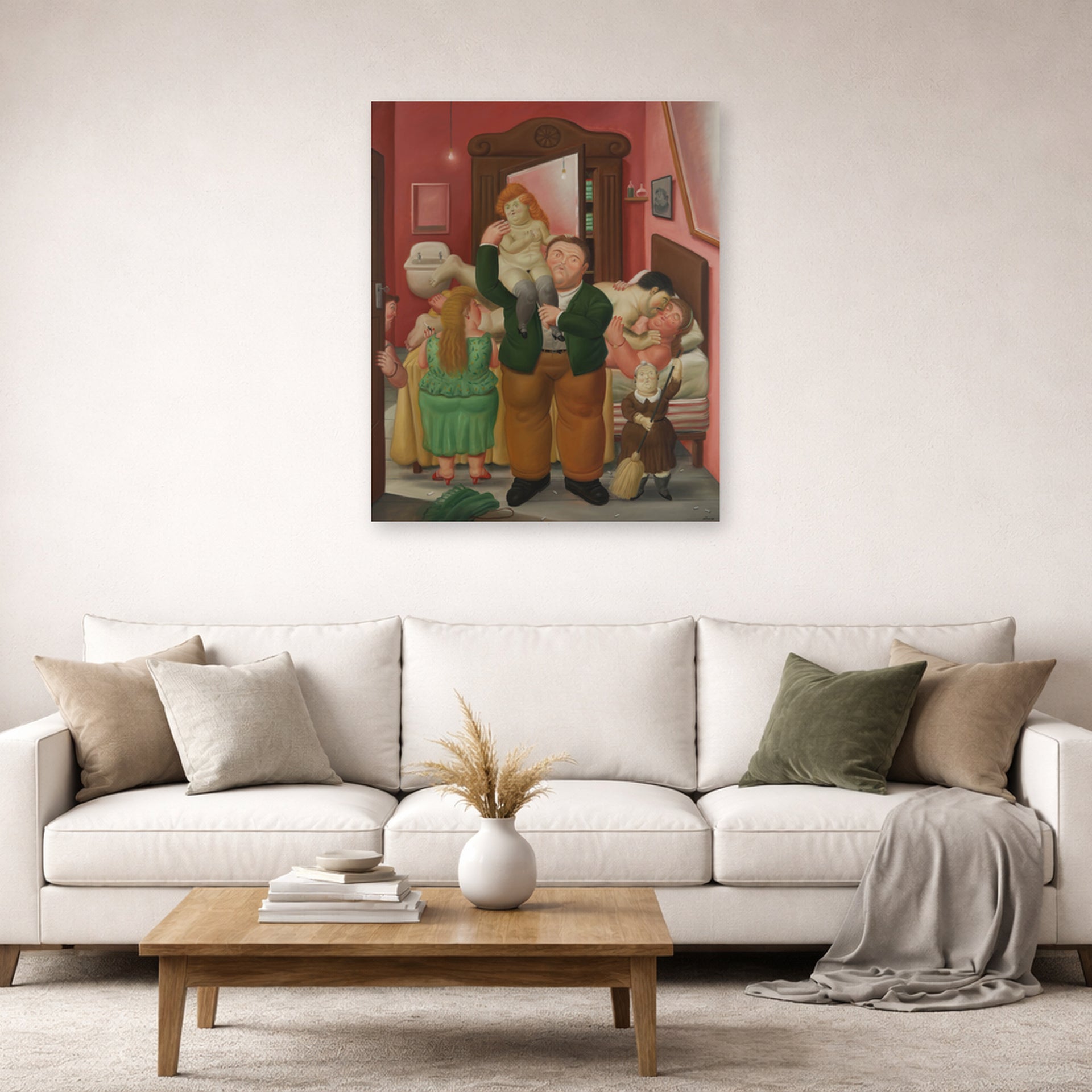 Unframed poster print of Fernando Botero's La Casa De Amanda Ramírez displayed on a wall in a living room