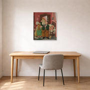 Unframed poster print of Fernando Botero's La Casa De Amanda Ramírez displayed on a wall in a home office
