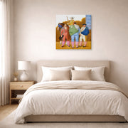 Gallery-wrapped canvas print of Fernando Botero's La Cuadrilla displayed on a wall in a bedroom