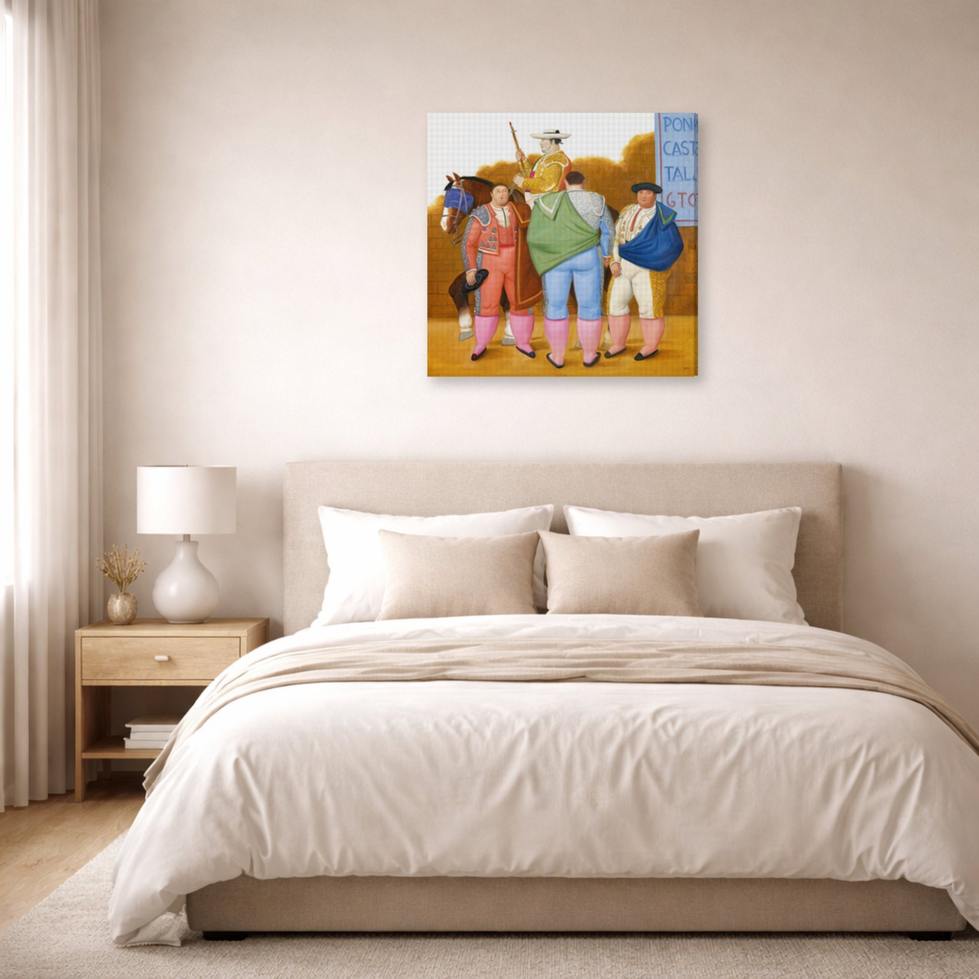 Gallery-wrapped canvas print of Fernando Botero's La Cuadrilla displayed on a wall in a bedroom